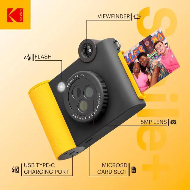 Alt view image 2 of 7 - KODAK Smile+ 2-in-1 Digital Instant Print Camera & Photo Printer Gift Bundle + Case + Zink 2x3" Sticky Back Photo Paper 20pk + Album + Sticker Sets + Sticker Frames + Hanging Frames + Markers - Black