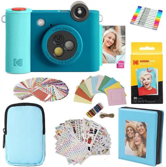 Main image of KODAK Smile+ 2-in-1 Digital Instant Print Camera & Photo Printer Gift Bundle + Case + Zink 2x3" Sticky Back Photo Paper 20pk + Album + Sticker Frames + Hanging Frames + Sticker Sets + Markers - Blue