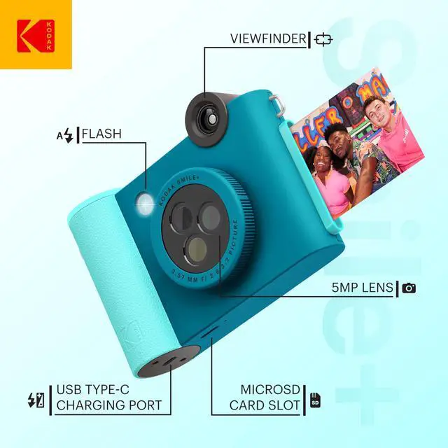 Alt view image 2 of 7 - KODAK Smile+ 2-in-1 Digital Instant Print Camera & Photo Printer Gift Bundle + Case + Zink 2x3" Sticky Back Photo Paper 20pk + Album + Sticker Frames + Hanging Frames + Sticker Sets + Markers - Blue