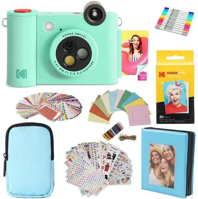 Main image of KODAK Smile+ 2-in-1 Digital Instant Print Camera & Photo Printer Gift Bundle + Case + Zink 2x3" Sticky Back Photo Paper 20pk + Album + Sticker Frames + Hanging Frames + Sticker Sets + Markers - Green