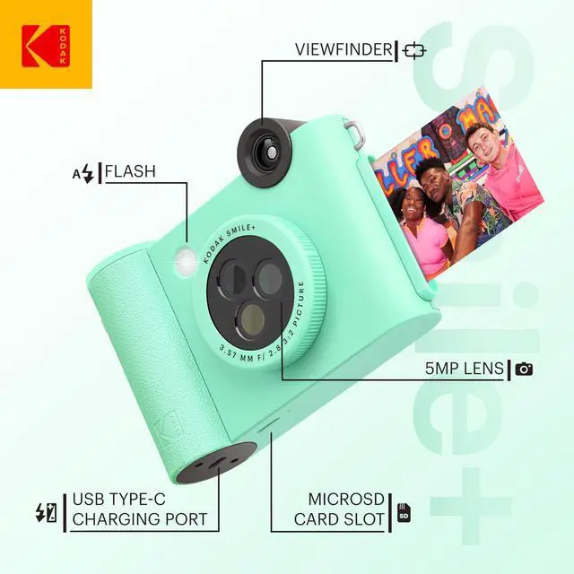Alt view image 2 of 5 - KODAK Smile+ 2-in-1 Digital Instant Print Camera & Wireless Bluetooth Photo Printer Starter Bundle + Carrying Case + Zink 20pk Sticky-Back Photo Paper - 10MP, Special-Effect Rotating Lens - Green