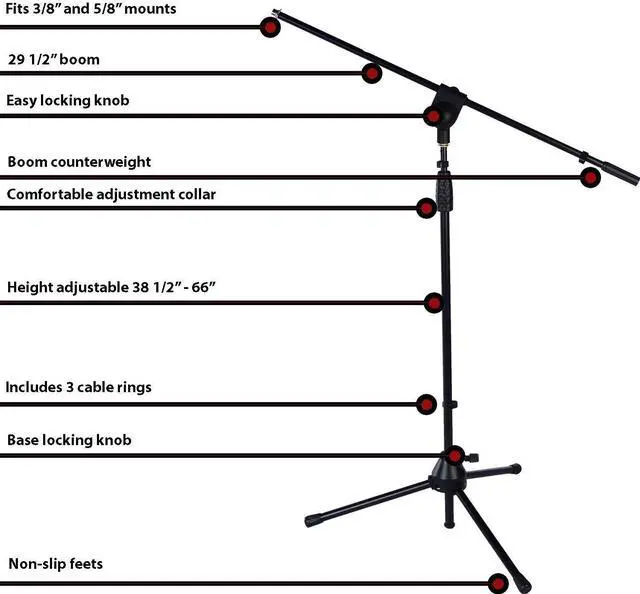 Alt view image 2 of 7 - LyxPro Microphone Stand Boom Arm, Rotating Floor Podium Stage, Strong Durable And Foldable 38.5 Inch - 66 Inch, Extends Arm to 29 3/8 Inch Comes With 3/8 Inch and 5/8 Inch - Mount Adapters (Pack of 6)