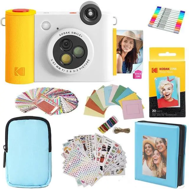 Main image of KODAK Smile+ 2-in-1 Digital Instant Print Camera & Photo Printer Gift Bundle + Case + Zink 2x3" Sticky Back Photo Paper 20pk + Album + Sticker Frames + Hanging Frames + Sticker Sets + Markers - White