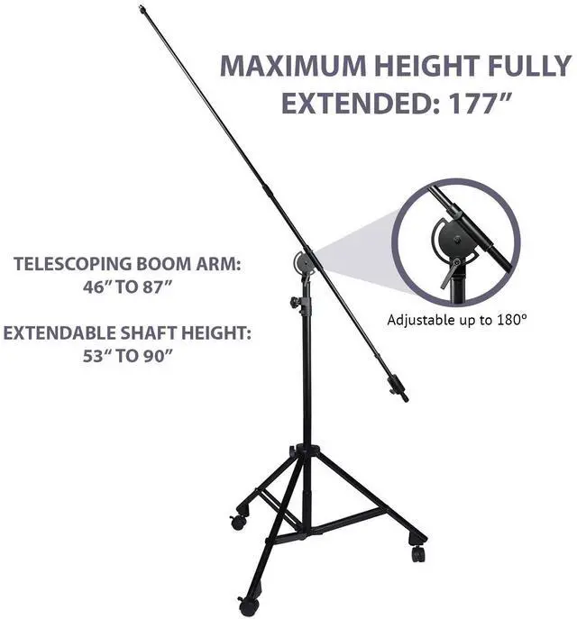 Alt view image 3 of 8 - LyxPro SMT-2 Professional Microphone Stand Heavy Duty 90 Studio Overhead Boom Stand with Rolling Casters, 87 Extra Long Telescoping Arm Mount, Foldable Tripod Legs & Adjustable Counterweight