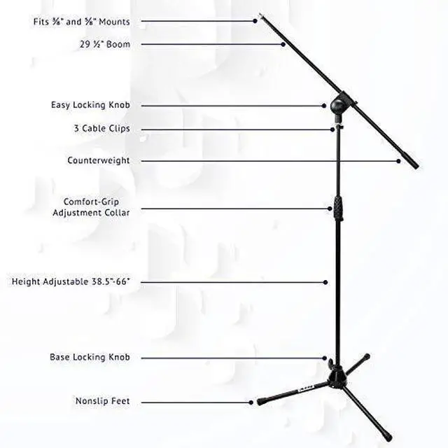 Alt view image 4 of 7 - LyxPro Microphone Stand Boom Arm Tilting Rotating Floor Podium Stage or Studio Strong Durable And Foldable Height 38.5"- 66" Extends Arm to 29 3/8" Comes With 3/8" and 5/8" mount Adapter