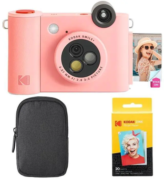 Main image of KODAK Smile+ 2-in-1 Digital Instant Print Camera & Wireless Bluetooth Photo Printer Starter Bundle + Carrying Case + Zink 20pk Sticky-Back Photo Paper - 10MP, Special-Effect Rotating Lens - Pink