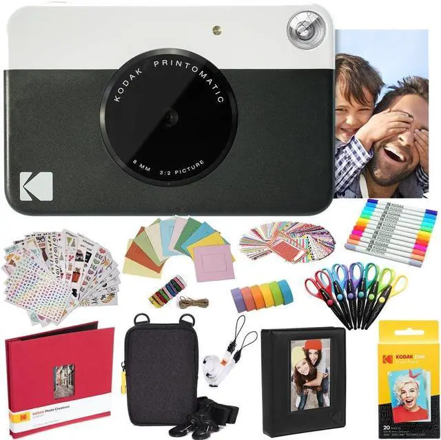 Alt view image 4 of 7 - Kodak Printomatic Instant Camera (Black) All-In-Bundle + Zink Paper (20 Sheets) + Deluxe Case + Photo Album + 7 Unique Sticker Sets + Markers + Scissors + Border Stickers and So Much More