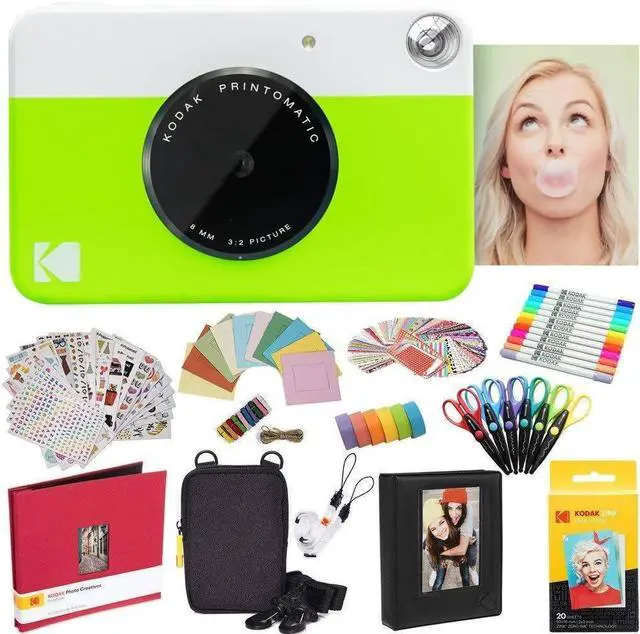 Alt view image 4 of 7 - Kodak Printomatic Instant Camera (Green) All-In-Bundle + Zink Paper (20 Sheets) + Deluxe Case + Photo Album + 7 Unique Sticker Sets + Markers + Scissors + Border Stickers and So Much More
