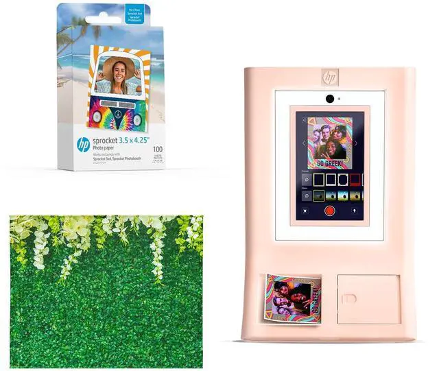 Main image of HP Sprocket Photo Booth Machine Instant Color Photo Printer (Pink) + Zink Paper (100 Sheets) + Leaves Photo Backdrop