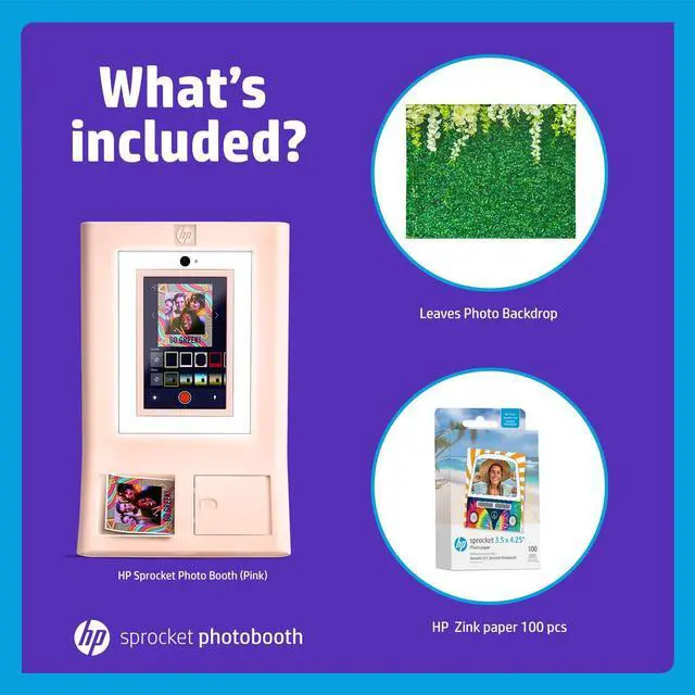 Alt view image 2 of 7 - HP Sprocket Photo Booth Machine Instant Color Photo Printer (Pink) + Zink Paper (100 Sheets) + Leaves Photo Backdrop