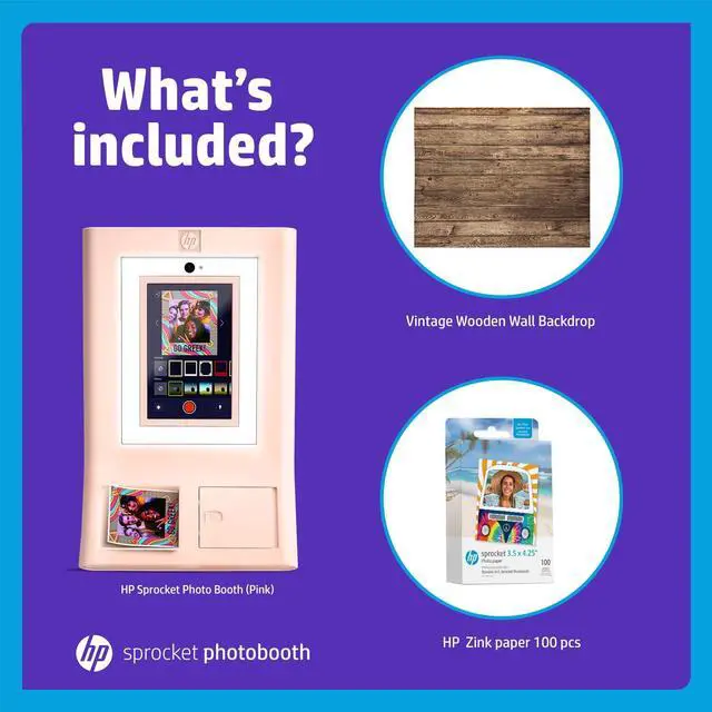 Alt view image 2 of 7 - HP Sprocket Photo Booth Machine Instant Color Photo Printer (Pink) + Zink Paper (100 Sheets) + Vintage Wooden Wall Backdrop
