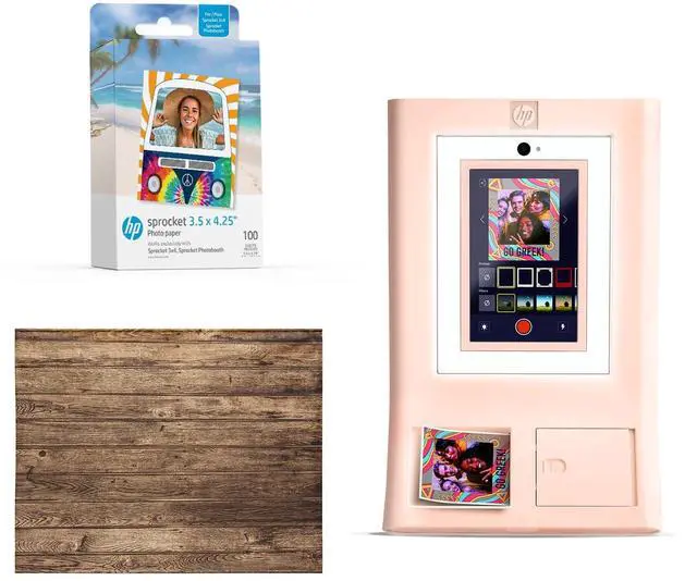 Main image of HP Sprocket Photo Booth Machine Instant Color Photo Printer (Pink) + Zink Paper (100 Sheets) + Vintage Wooden Wall Backdrop