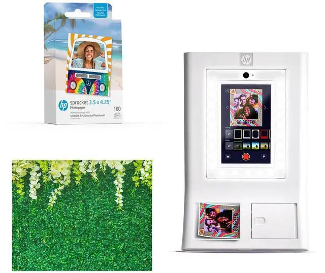 Main image of HP Sprocket Photo Booth Machine Instant Color Photo Printer (White) + Zink Paper (100 Sheets) + Leaves Photo Backdrop