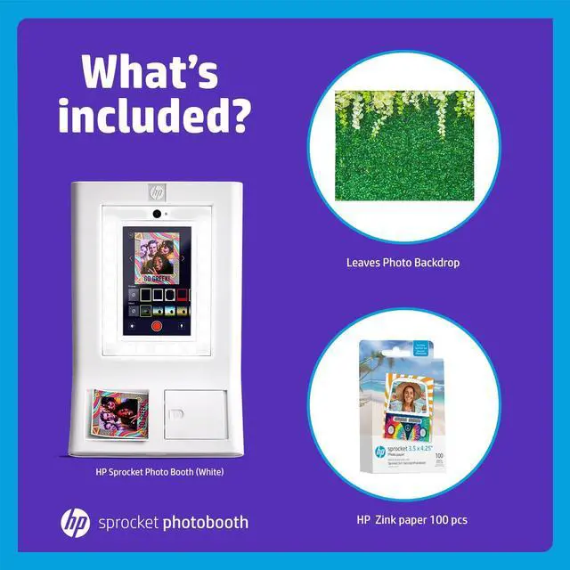 Alt view image 2 of 7 - HP Sprocket Photo Booth Machine Instant Color Photo Printer (White) + Zink Paper (100 Sheets) + Leaves Photo Backdrop