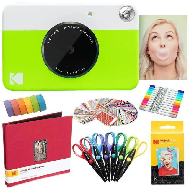 Alt view image 4 of 7 - Kodak Printomatic Instant Camera (Green) Art Bundle + Zink Paper (20 Sheets) + 8x8 Cloth Scrapbook + 12 Twin Tip Markers + 100 Border Stickers + 6 Decorative Scissors + Washi Tape