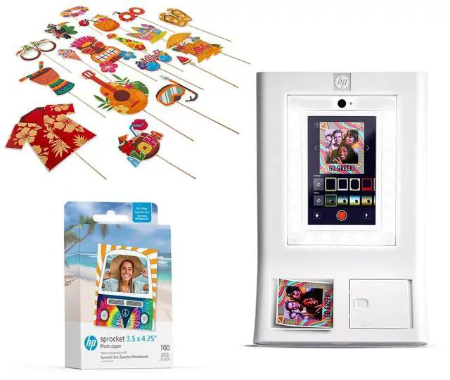 Main image of HP Sprocket Photo Booth Machine Instant Color Photo Printer (White) + Zink Paper (100 Sheets) + Luau Party Photo Booth Props (30pc)