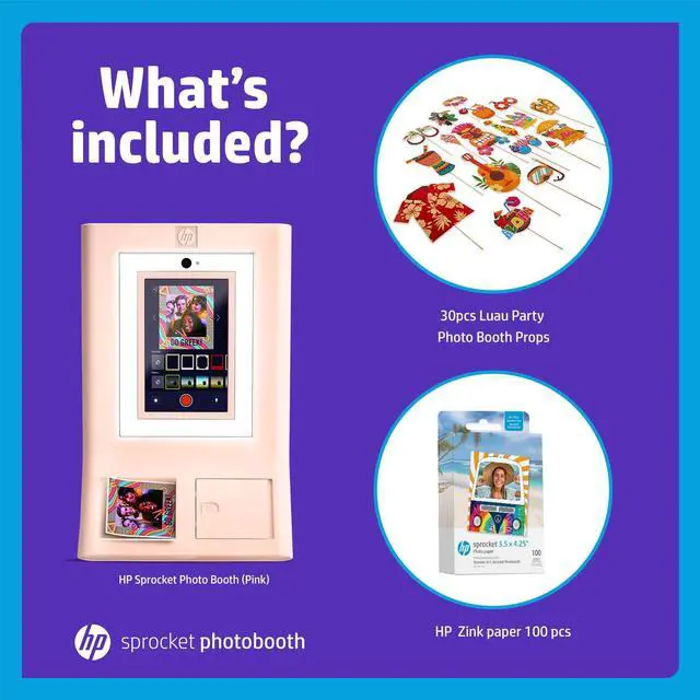 Alt view image 2 of 7 - HP Sprocket Photo Booth Machine Instant Color Photo Printer (Pink) + Zink Paper (100 Sheets) + Luau Party Photo Booth Props (30pc)