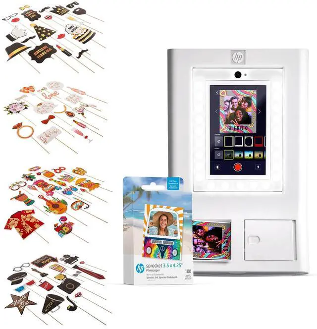 Main image of HP Sprocket Photo Booth Machine Instant Color Photo Printer (White) + Zink Paper (100 Sheets)+ Luau Party Props (30pc)+ Bridal Shower Props (23pc)+ Birthday Party Props (25pc)+ Hollywood Props Bundle
