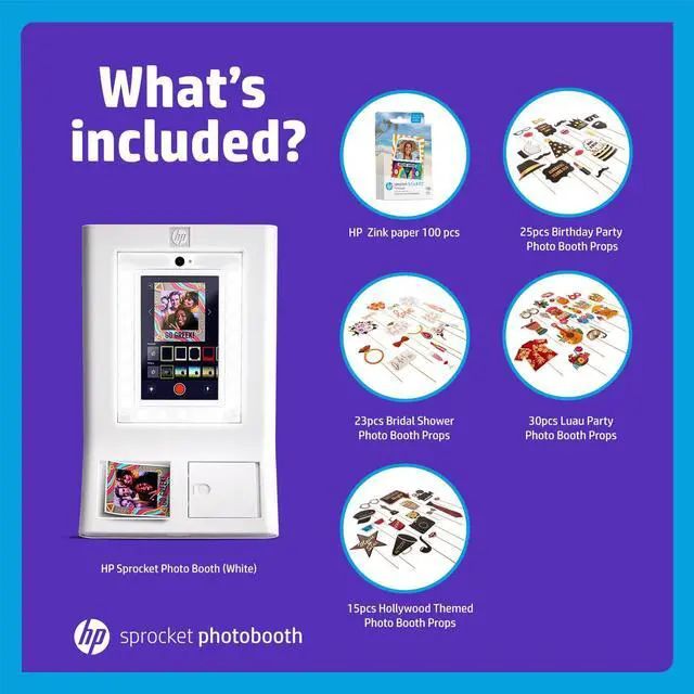 Alt view image 2 of 7 - HP Sprocket Photo Booth Machine Instant Color Photo Printer (White) + Zink Paper (100 Sheets)+ Luau Party Props (30pc)+ Bridal Shower Props (23pc)+ Birthday Party Props (25pc)+ Hollywood Props Bundle