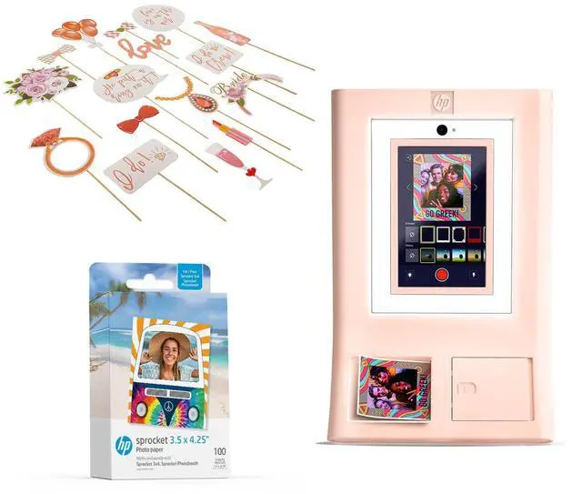Main image of HP Sprocket Photo Booth Machine Instant Color Photo Printer (Pink) + Zink Paper (100 Sheets) + Bridal Shower Photo Booth Props (23pc)
