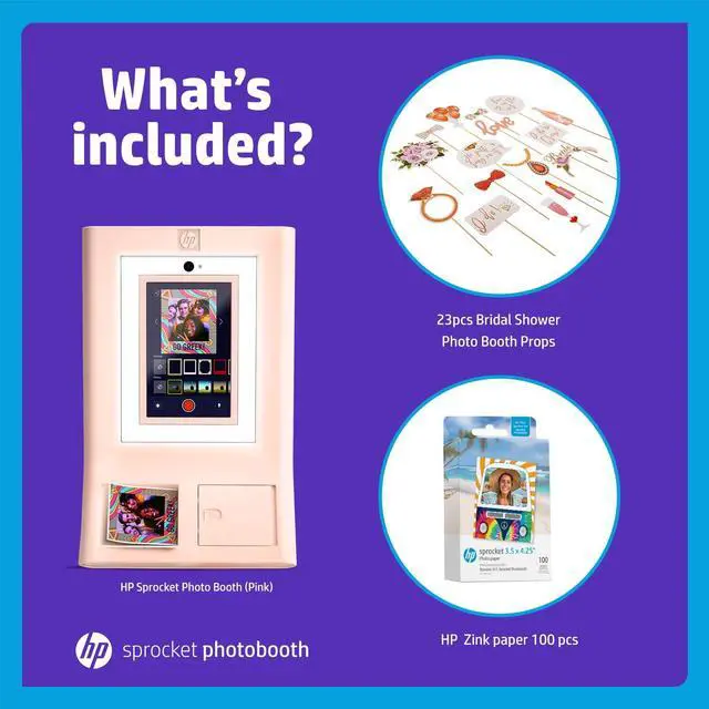 Alt view image 2 of 7 - HP Sprocket Photo Booth Machine Instant Color Photo Printer (Pink) + Zink Paper (100 Sheets) + Bridal Shower Photo Booth Props (23pc)