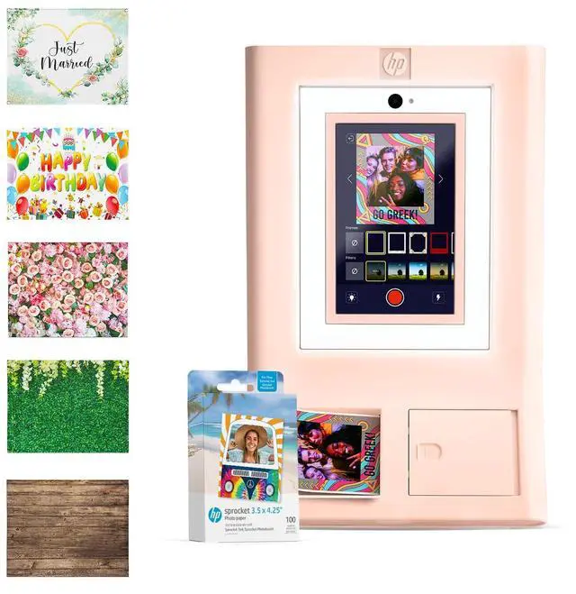 Main image of HP Sprocket Photo Booth Machine Instant Color Photo Printer (Pink) + Zink Paper (100 Sheets) + Wedding, Birthday, Roses, Leaves, Vintage Wooden Wall Photo Backdrops