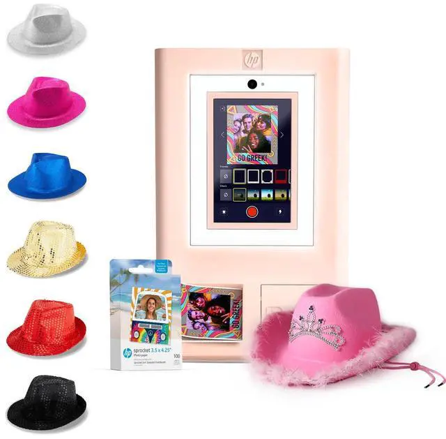 Main image of HP Sprocket Photo Booth Machine Instant Color Photo Printer (Pink) + Zink Paper (100 Sheets) + Fedora Bundle (x6) + Pink Cowboy Hat with Tiara