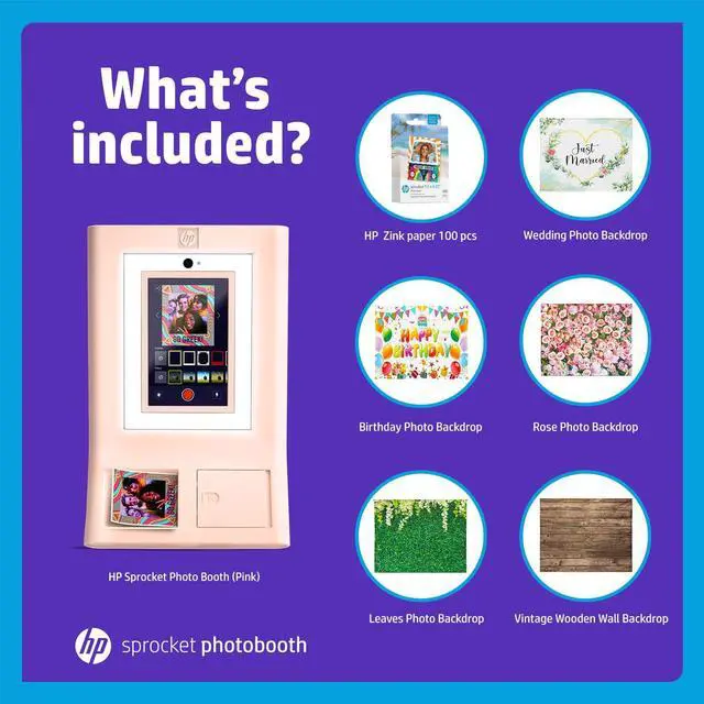 Alt view image 2 of 7 - HP Sprocket Photo Booth Machine Instant Color Photo Printer (Pink) + Zink Paper (100 Sheets) + Wedding, Birthday, Roses, Leaves, Vintage Wooden Wall Photo Backdrops