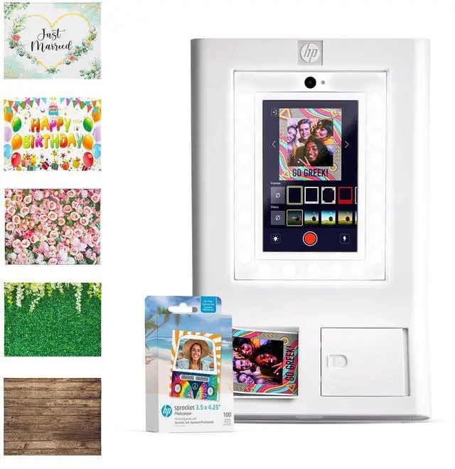 Main image of HP Sprocket Photo Booth Machine Instant Color Photo Printer (White) + Zink Paper (100 Sheets) + Wedding, Birthday, Roses, Leaves, Vintage Wooden Wall Photo Backdrops