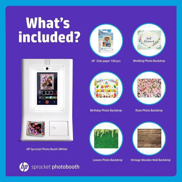 Alt view image 2 of 7 - HP Sprocket Photo Booth Machine Instant Color Photo Printer (White) + Zink Paper (100 Sheets) + Wedding, Birthday, Roses, Leaves, Vintage Wooden Wall Photo Backdrops