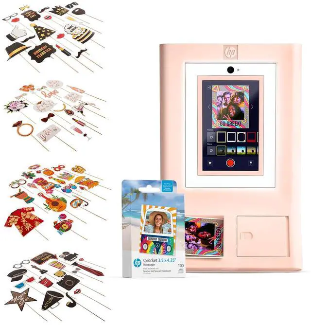 Main image of HP Sprocket Photo Booth Machine Instant Color Photo Printer (Pink) + Zink Paper (100 Sheets)+ Luau Party Props (30pc)+ Bridal Shower Props (23pc)+ Birthday Party Props (25pc)+ Hollywood Props Bundle