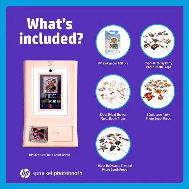 Alt view image 2 of 7 - HP Sprocket Photo Booth Machine Instant Color Photo Printer (Pink) + Zink Paper (100 Sheets)+ Luau Party Props (30pc)+ Bridal Shower Props (23pc)+ Birthday Party Props (25pc)+ Hollywood Props Bundle