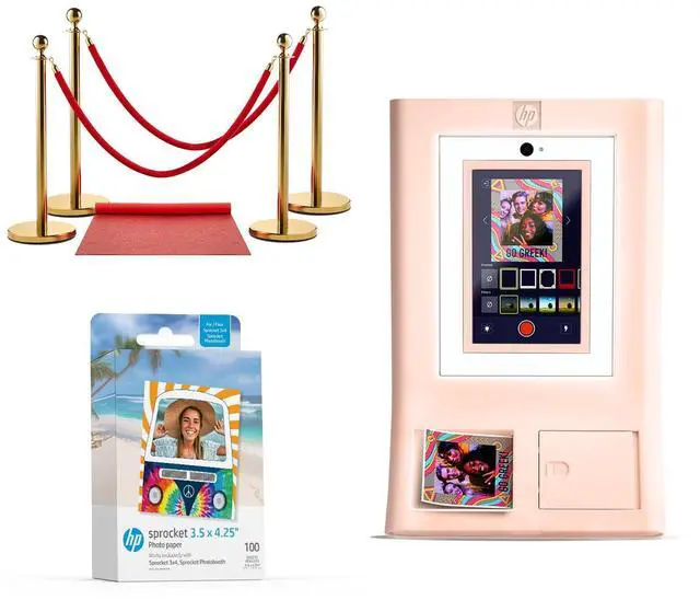 Main image of HP Sprocket Photo Booth Machine Instant Color Photo Printer (Pink) + Zink Paper (100 Sheets) + Red Carpet Bundle
