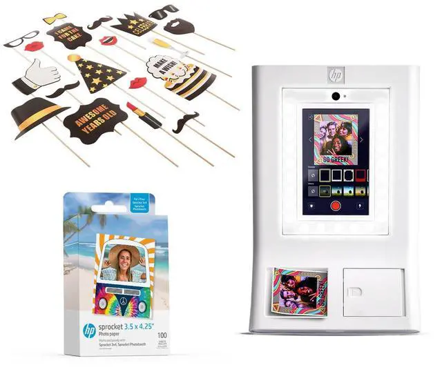 Main image of HP Sprocket Photo Booth Machine Instant Color Photo Printer (White) + Zink Paper (100 Sheets) + Birthday Party Photo Booth Props (25pc)