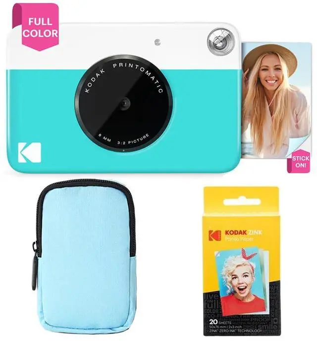 Main image of KODAK Printomatic Full-Color Instant Print Camera Starter Bundle + Soft Case + Zink 20 pack Photo Paper - Colorful Photos On 2x3" Sticky-Back Paper - Fun Gift for Birthday Christmas Holiday - Blue
