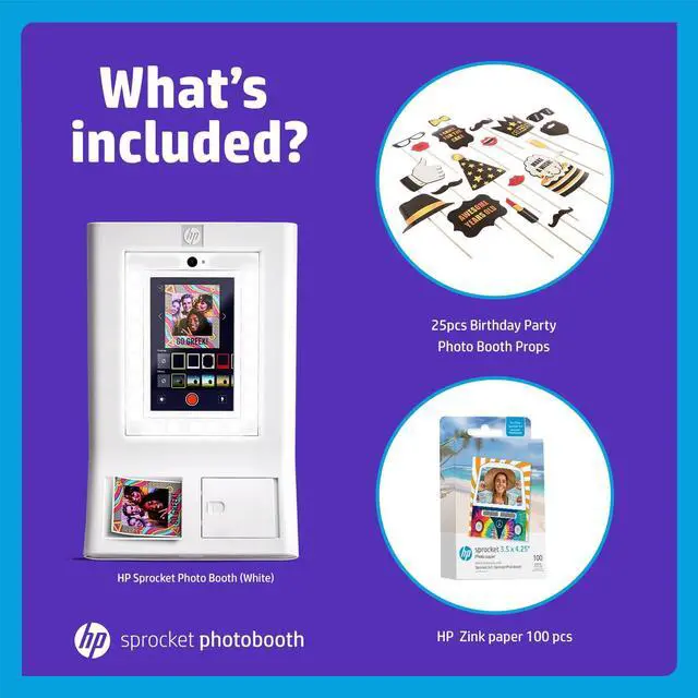 Alt view image 2 of 7 - HP Sprocket Photo Booth Machine Instant Color Photo Printer (White) + Zink Paper (100 Sheets) + Birthday Party Photo Booth Props (25pc)
