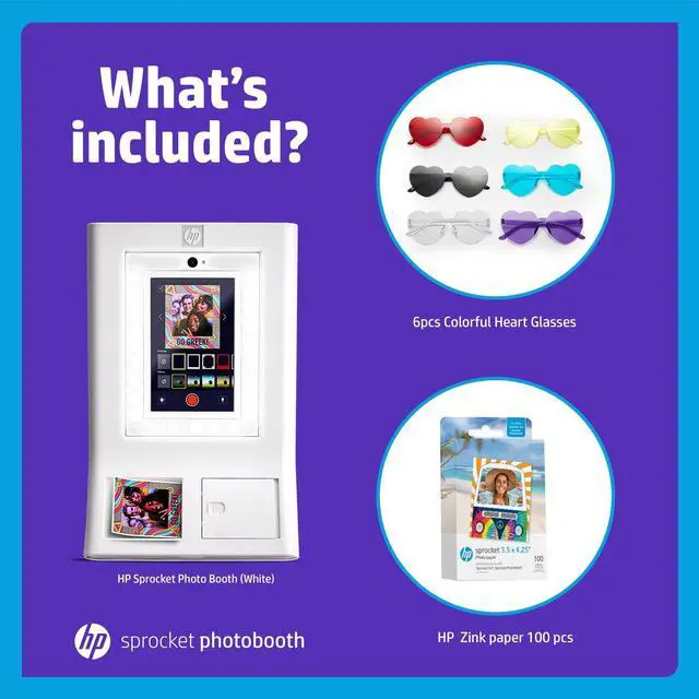 Alt view image 2 of 7 - HP Sprocket Photo Booth Machine Instant Color Photo Printer (White) + Zink Paper (100 Sheets) + Colorful Heart Glasses (6pc)