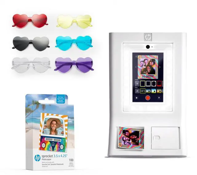 Main image of HP Sprocket Photo Booth Machine Instant Color Photo Printer (White) + Zink Paper (100 Sheets) + Colorful Heart Glasses (6pc)