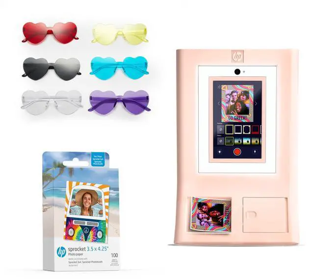 Main image of HP Sprocket Photo Booth Machine Instant Color Photo Printer (Pink) + Zink Paper (100 Sheets) + Colorful Heart Glasses (6pc)