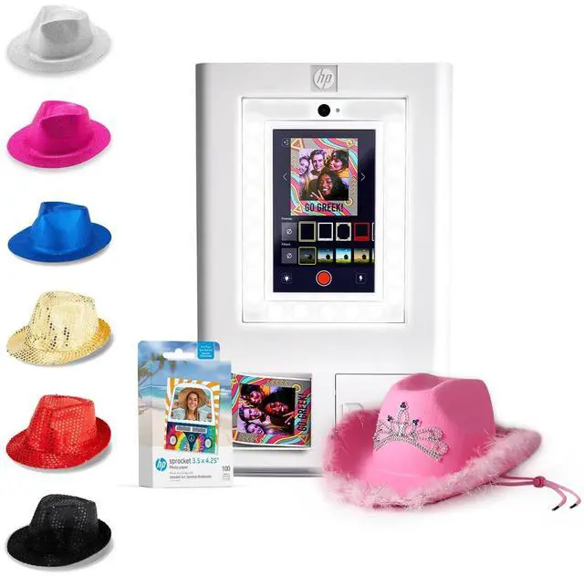 Main image of HP Sprocket Photo Booth Machine Instant Color Photo Printer (White) + Zink Paper (100 Sheets) + Fedora Bundle (x6) + Pink Cowboy Hat with Tiara
