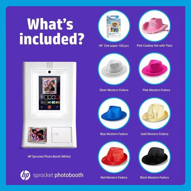 Alt view image 2 of 7 - HP Sprocket Photo Booth Machine Instant Color Photo Printer (White) + Zink Paper (100 Sheets) + Fedora Bundle (x6) + Pink Cowboy Hat with Tiara