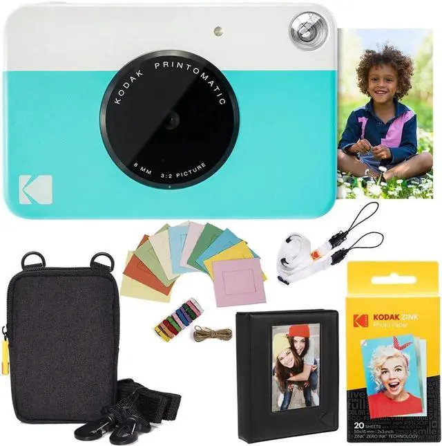 Main image of Kodak Printomatic Instant Camera Bundle (Blue) Zink Paper (20 Sheets) - Case - Photo Album - Hanging Frames.