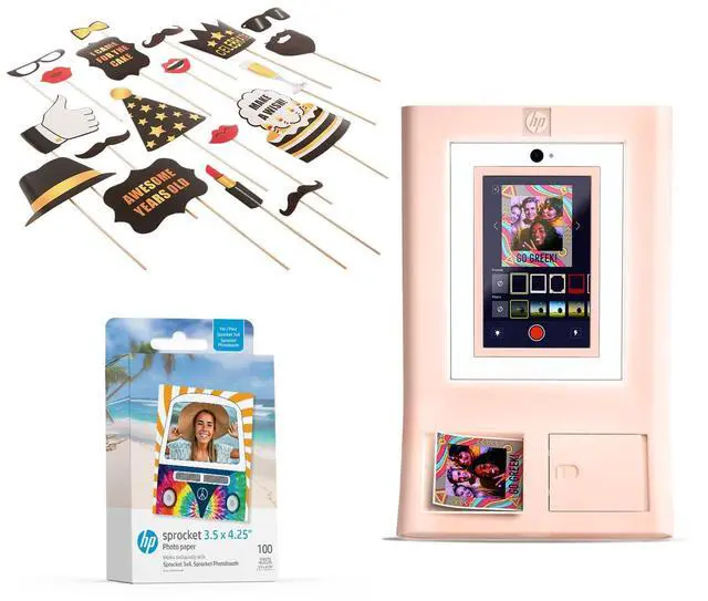 Main image of HP Sprocket Photo Booth Machine Instant Color Photo Printer (Pink) + Zink Paper (100 Sheets) + Birthday Party Photo Booth Props (25pc)