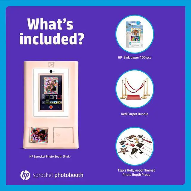 Alt view image 2 of 7 - HP Sprocket Photo Booth Machine Instant Color Photo Printer (Pink) + Zink Paper (100 Sheets) + Red Carpet Bundle + Hollywood Props Bundle