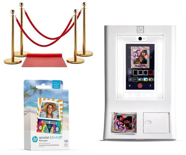 Main image of HP Sprocket Photo Booth Machine Instant Color Photo Printer (White) + Zink Paper (100 Sheets) + Red Carpet Bundle