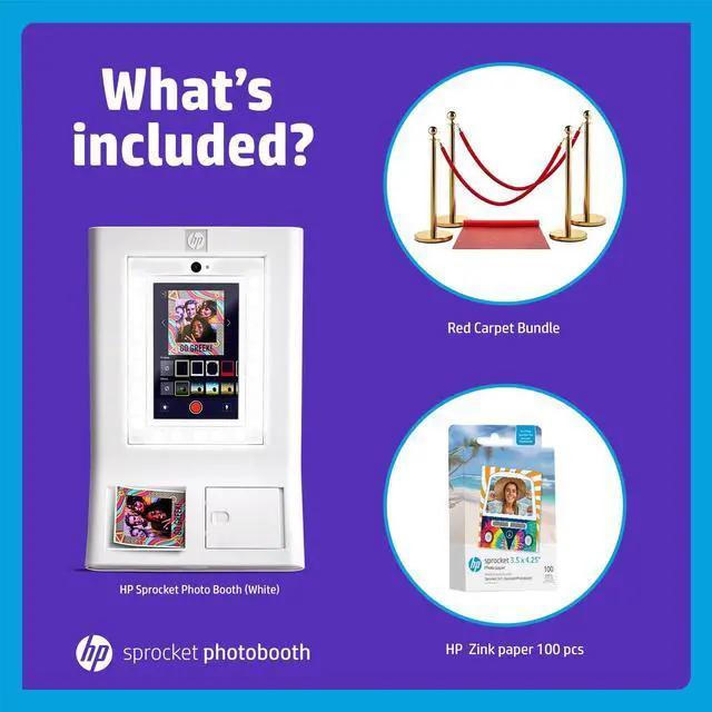 Alt view image 2 of 7 - HP Sprocket Photo Booth Machine Instant Color Photo Printer (White) + Zink Paper (100 Sheets) + Red Carpet Bundle