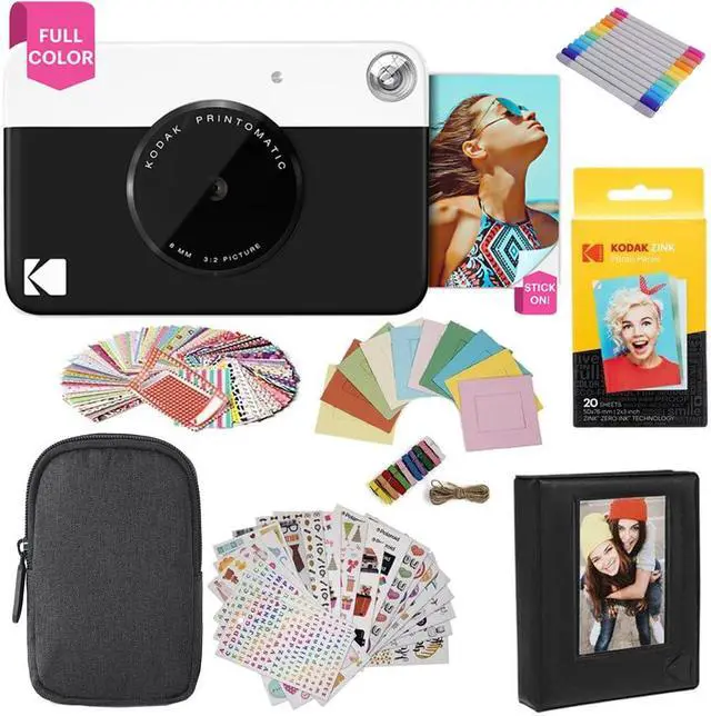 Alt view image 3 of 9 - kodak printomatic instant camera black gift bundle + zink paper 20 sheets + deluxe case + 7 fun sticker sets + twin tip markers + photo album + hanging frames + comfortable neck strap