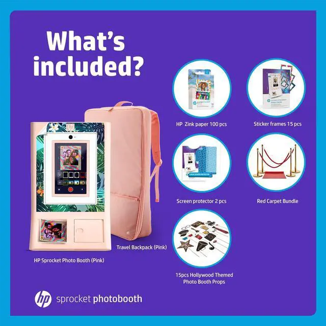 Alt view image 2 of 7 - HP Sprocket Photo Booth Machine Instant Color Photo Printer (Pink) + Zink Paper (100 Sheets) + Red Carpet Bundle + Padded Case + Decorative Sticker Frames (x15)  + Premium Screen Protector (x2)