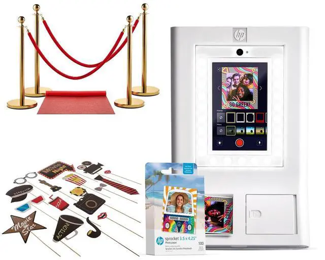 Main image of HP Sprocket Photo Booth Machine Instant Color Photo Printer (White) + Zink Paper (100 Sheets) + Red Carpet Bundle + Hollywood Props Bundle