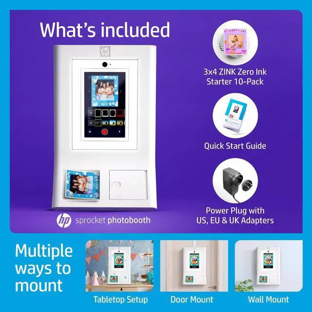 Alt view image 3 of 7 - HP Sprocket Photo Booth Machine Instant Color Photo Printer (White) + Zink Paper (100 Sheets) + Red Carpet Bundle + Hollywood Props Bundle